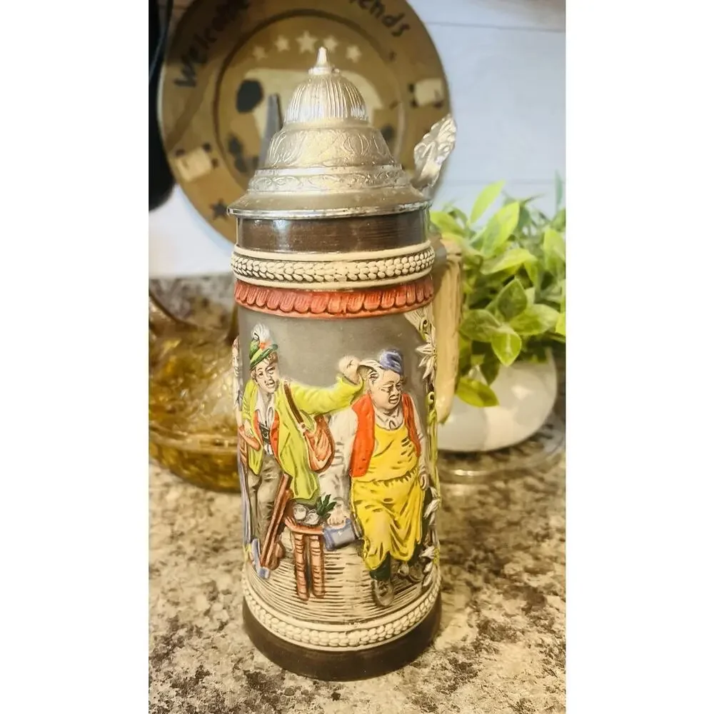 Vtg Gertz Beer Stein Pub Scene Translation “ A Full Glass, A Lot Of Fun” 9”